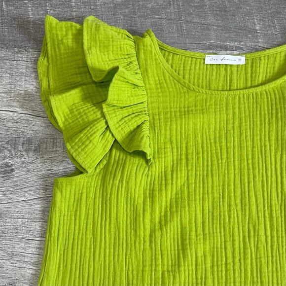 Ces Femme Ruffle Sleeve Cotton Gauze Top Womens M Bright Lime Textured Muslin - Picture 2 of 5
